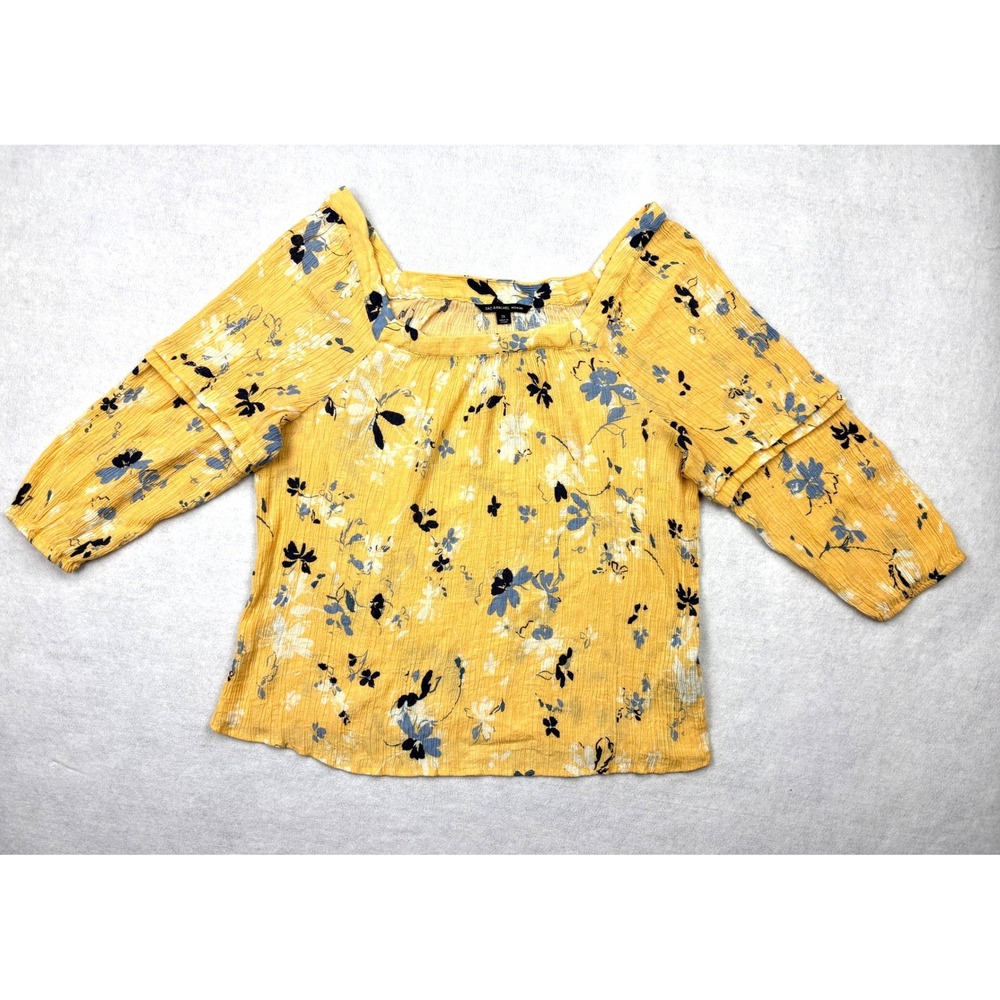 Zac & Rachel Woman Yellow Floral Crinkle Gauze Blouse 2X Square Neck 3/4 Sleeve